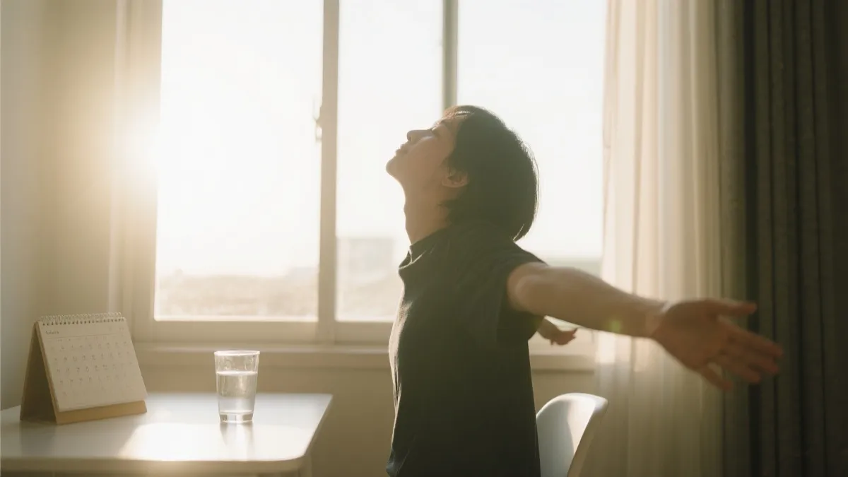清晨阳光下的人在窗边拉伸与深呼吸，桌上有水杯与简洁日程，象征观赛后的恢复