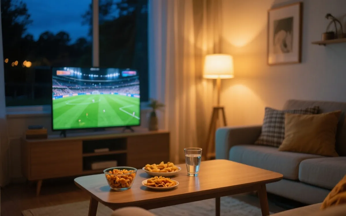 夏夜客厅观赛，柔和灯光与健康零食，强调不熬夜的世界杯生活方式